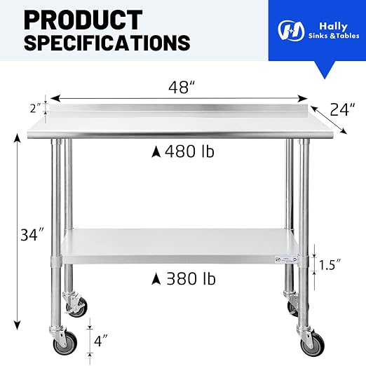 Hally Stainless Steel Table for Prep & Work 24 x 48 Inches - Image 2