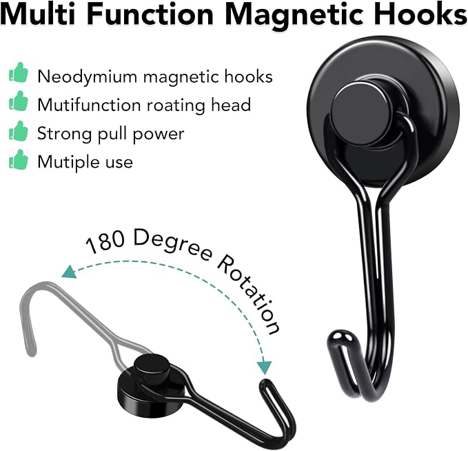 MIKEDE 12 Pack Magnetic Hooks, 40Lbs Heavy Duty Neodymium Magnet Hooks Black - Image 2