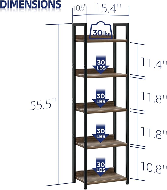 NUMENN Narrow Bookshelf, 5 Tier Freestanding Shelving Unit, Dark Walnut | Metal - Image 3