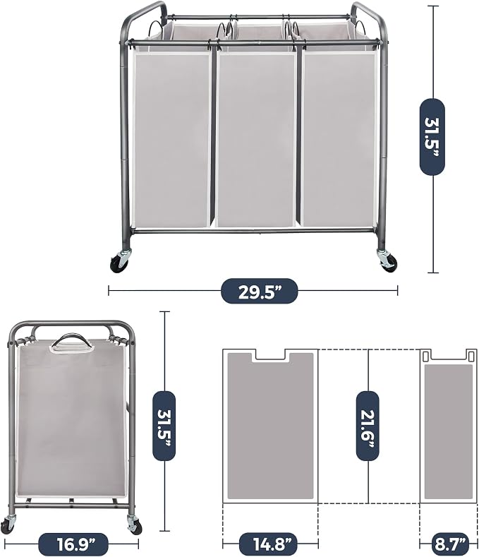 STO STO Laundry Sorter 3 Section, 3 Bag Laundry Hamper, Rolling Laundry Cart - Image 6