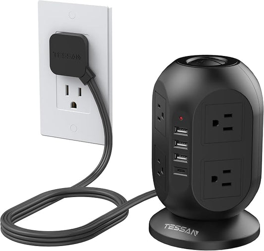 Surge Protector Power Strip Tower, TESSAN 10 ft Flat Extension Cord by TESSAN