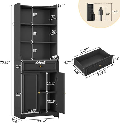 DICTAC Bookcase with Drawers and Doors 73.23'' Tall Bookshelf with Open Shelves - Image 2