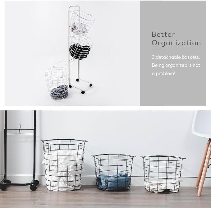 3 Tier Rolling Laundry Hamper, Metal Sorter Storage Trolley Shelf, - Image 9