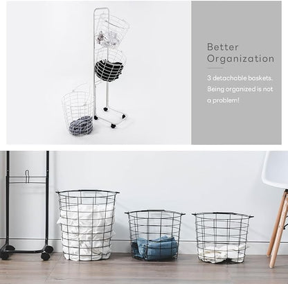 3 Tier Rolling Laundry Hamper, Metal Sorter Storage Trolley Shelf, - Image 9