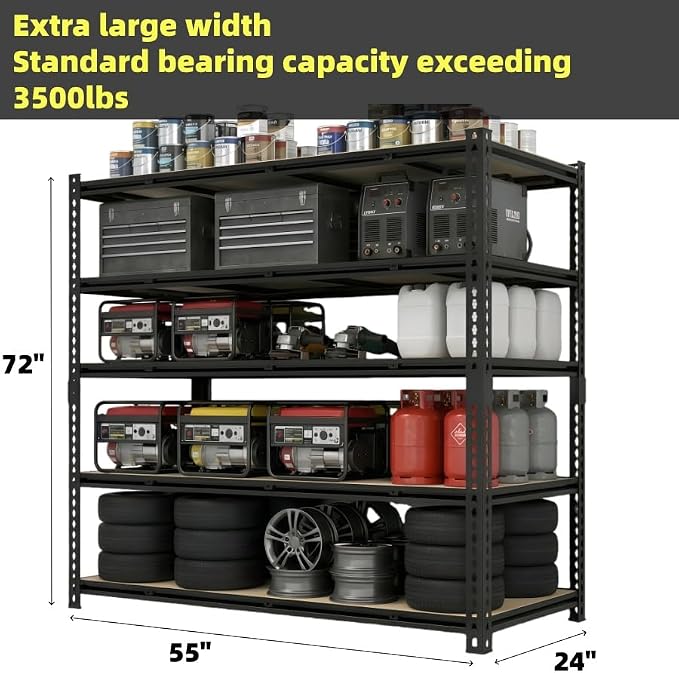 55" W Storage Shelves, 3500LBS Garage Shelving, 5-Tier Metal Shelving Unit - Image 3