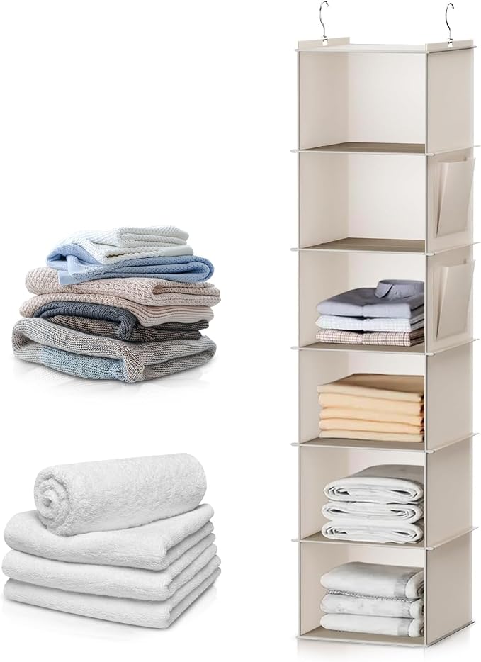 6-Shelf Hanging Closet Storage, Strong Frame Beige Closet Organizer by Clipore