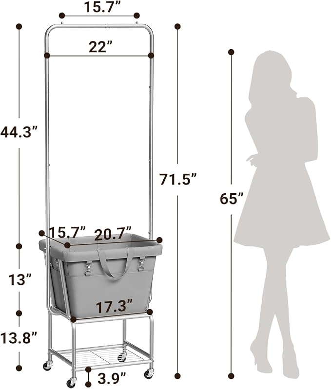 ELYKEN Laundry Cart with Hanging Rack, Rolling Laundry Hamper with Wheels - Image 3