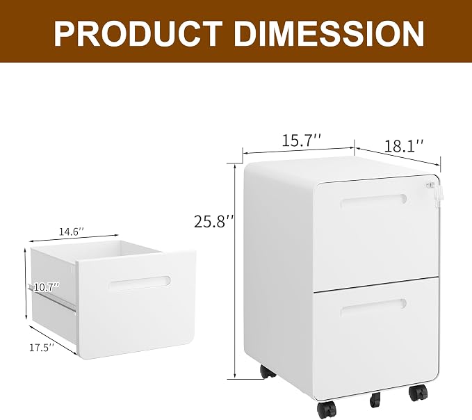 2 Drawer File Cabinet with Lock and 4 Keys, Mobile Metal Filing Cabinet - Image 3