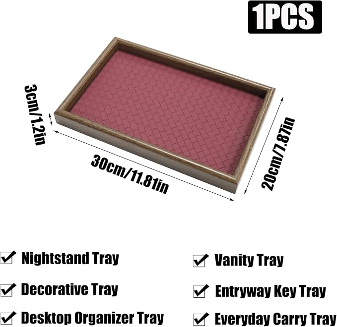 Wooden Valet Tray with Leather Base, EDC Catch All Tray Nightstand Entryway - Image 3