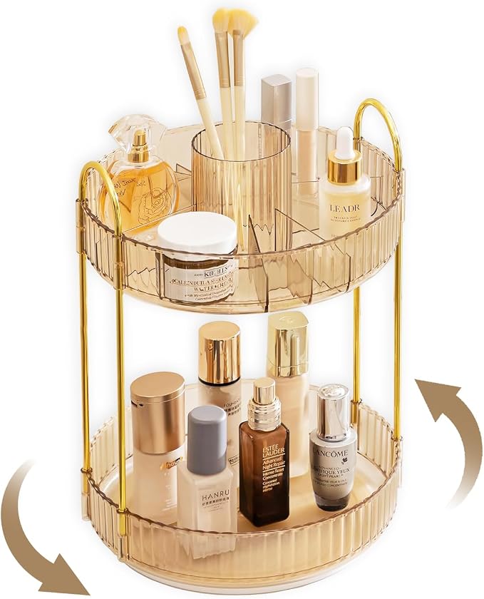 360 Rotating Makeup Organizer for Vanity 2 Tier Lazy Susan Bathroom Countertop by ROLIZOE