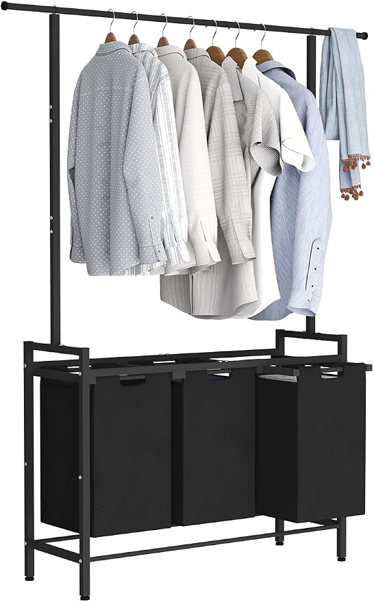 Large Laundry Hamper with Clothes Rack Hanging Bar, 10 x 3 Gal Pull-Out & by Whoonba