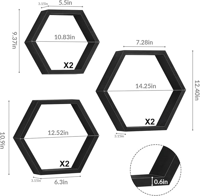 YBING Hexagon Floating Shelves Black Hexagon Shelves - Image 3