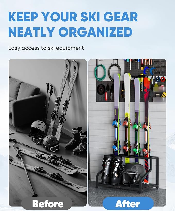 Mondazie Ski Storage Rack for Garage, 4 Pair Black | Freestanding Snowboard Rack - Image 6