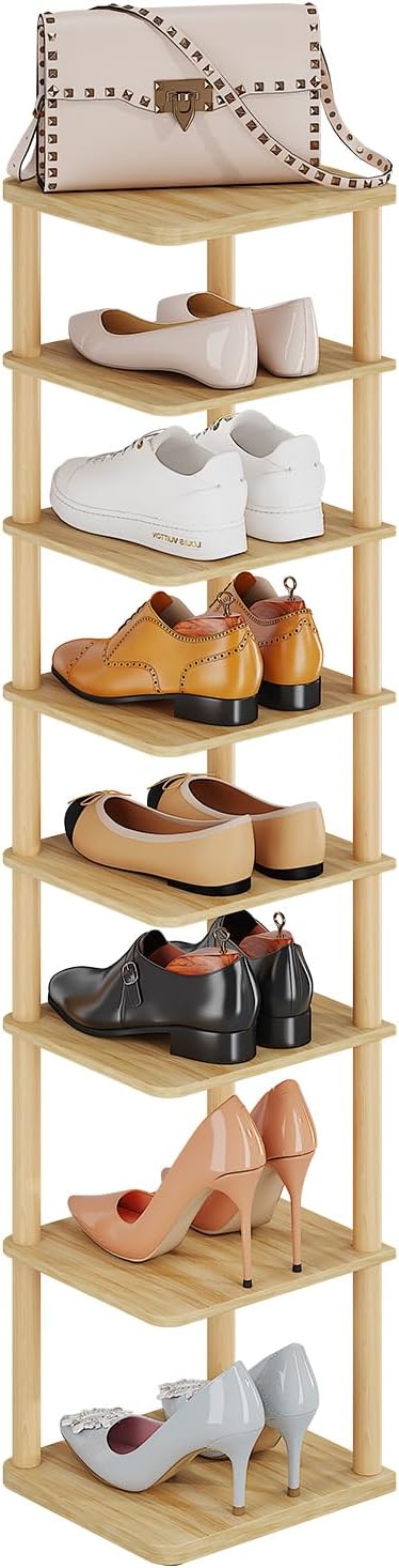 8 Tiers Vertical Shoe Rack Tall Narrow Shoe Tower Corner Shoe Rack, Natural | - Image 9