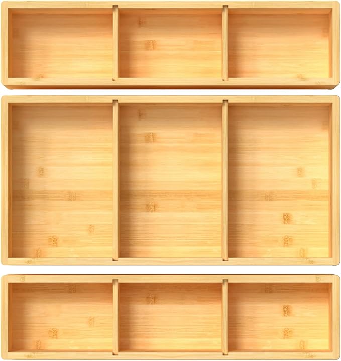 DUJEN Bamboo Drawer Organizer 12.5'' X 12.5'' X 2'', Adjustable 3 Individual - Image 8