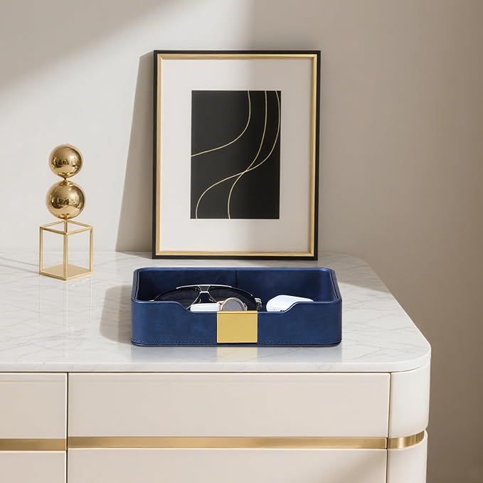 PU Leather Valet Tray with Gold Accent, Decorative Nightstand Organizer Desk - Image 6