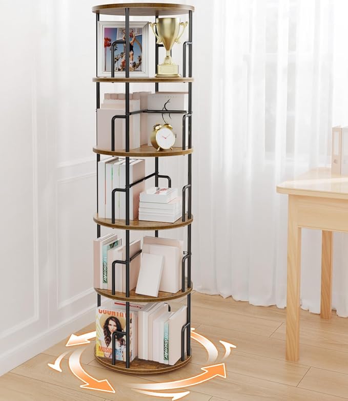 5 Tier Rotating Bookshelf Tower Round, Tall Floor Standing Spinning Bookshelf by Amzeth