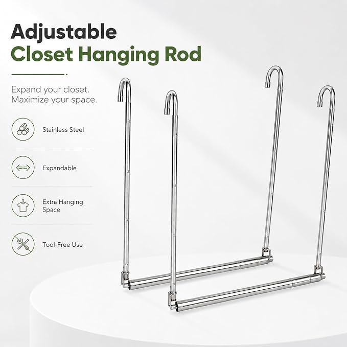 2 Pack Hanging Closet Rod Stainless Steel, Adjustable Width & Height 16–27.5 in - Image 2