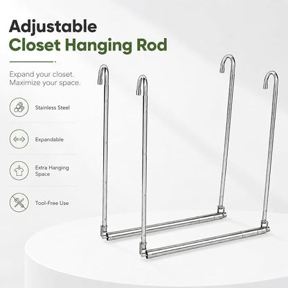 2 Pack Hanging Closet Rod Stainless Steel, Adjustable Width & Height 16–27.5 in - Image 2