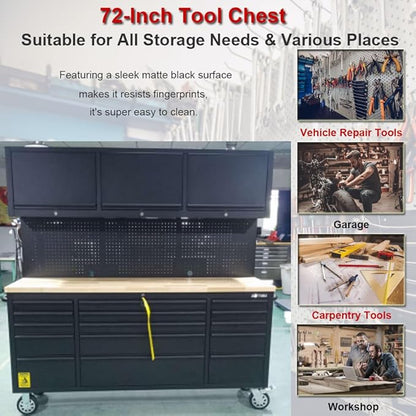 72'' Rolling Tool Chest with 15 Drawers + 3 Upper Cabinets, Large Tool Box - Image 7