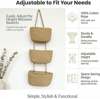 3-Tier Over the Door Hanging Basket, Cotton Rope Woven Decorative Hanging - Image 3