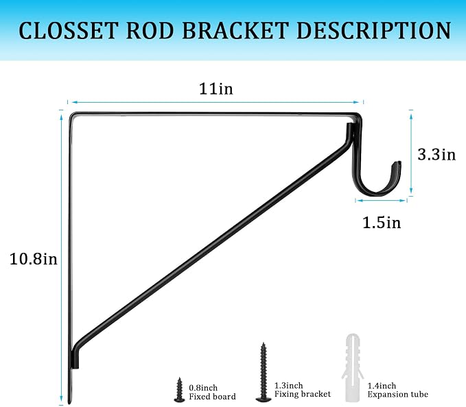 4PCS Heavy Duty Black Closet Rod Brackets 11 x 11 Inch, 1-3/8Inch Diameter - Image 2