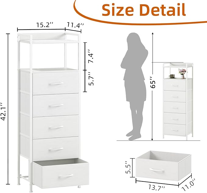 Somdot Tall Nightstand with 5 Drawers, Vertical Fabric Dresser - Image 3