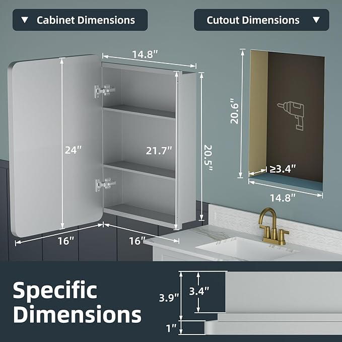 Bathroom Medicine Cabinet with Mirror 16 x 24 Inch, Mirrored Cabinets with 2 - Image 3
