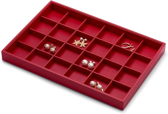 Oirlv Gorgeous Red Leather 24 Gird Jewelry Tray Stackable Jewelry Drawer - Image 5