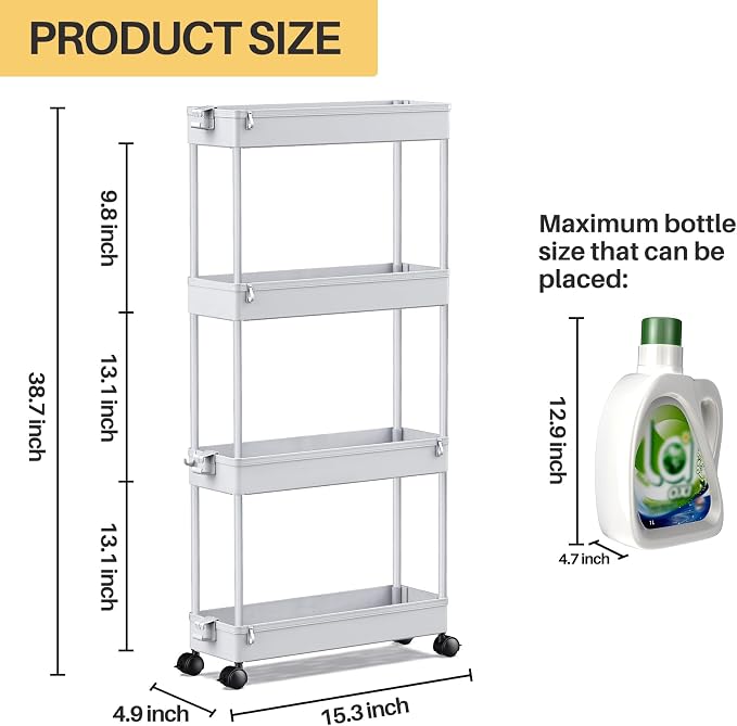 SPACEKEEPER Slim Rolling Storage Cart 4 Tier Bathroom Organizer Mobile Shelving - Image 4