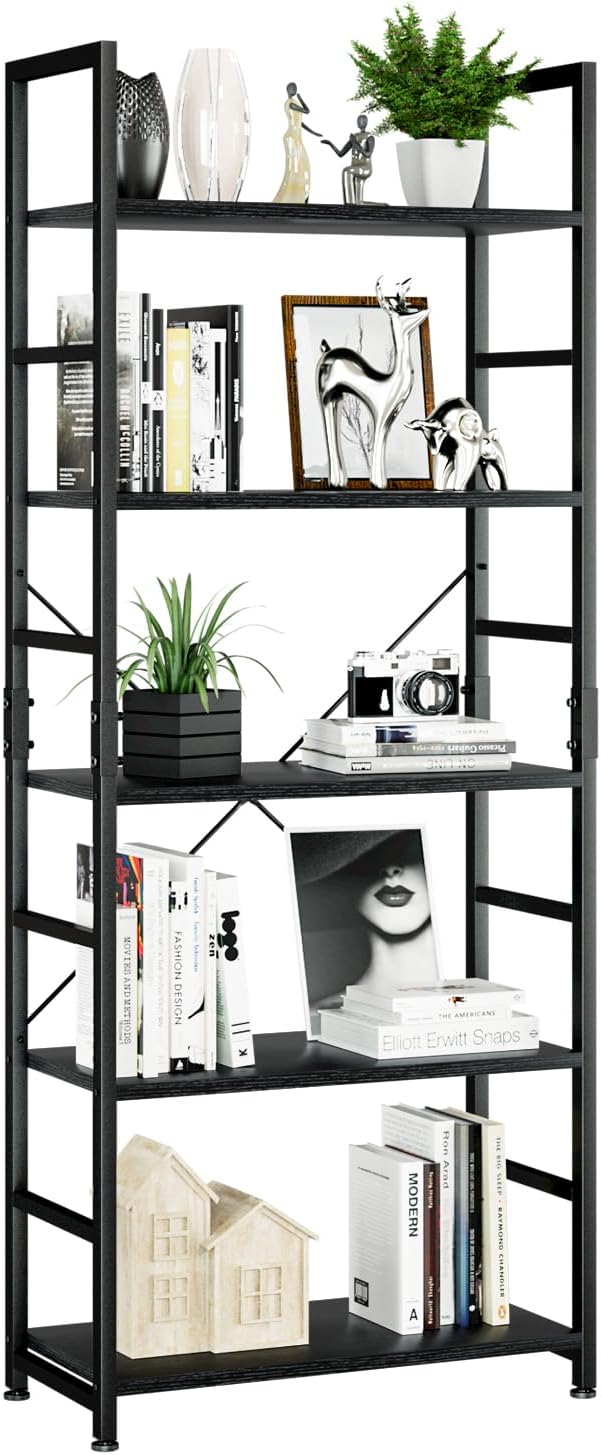 NUMENN 5 Tier Bookshelf, Tall Freestanding Open Storage Bookcase, Support Bars by NUMENN