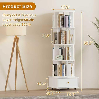Rotating Bookshelf with Drawers on Lockable Wheels Wood White | 5 Tier Spinning - Image 2