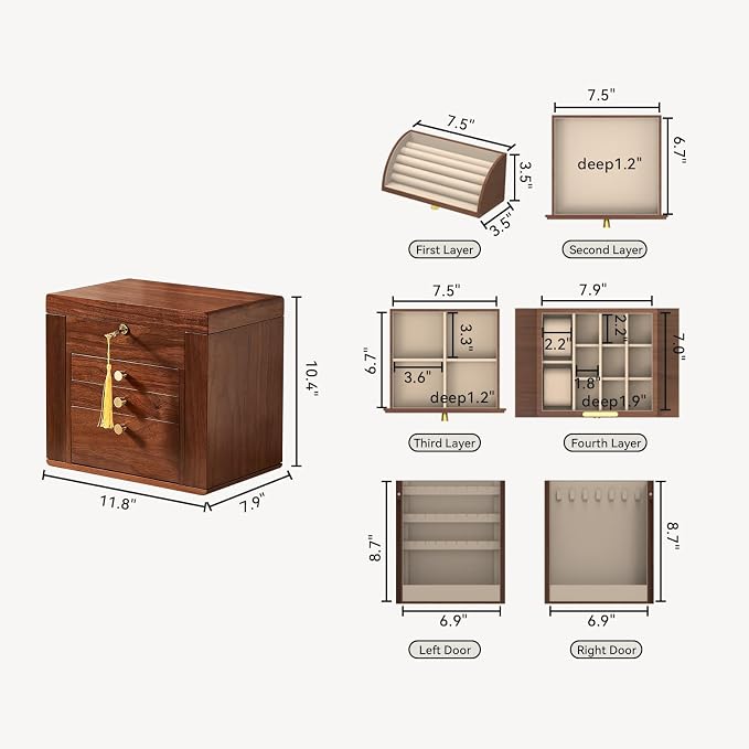 CHOSIN Black Walnut Wooden Jewelry Box, 4-Layer Lockable Organizer - Image 3