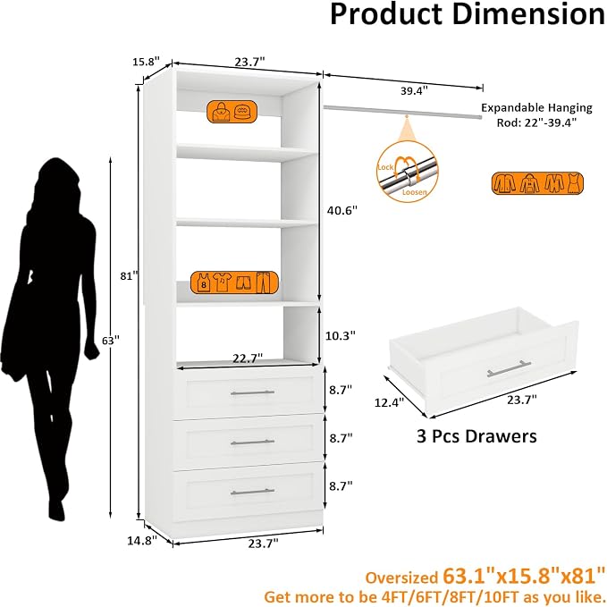 Closet System with 3 Drawers and Shelves, Closet Organizer System, Walk In - Image 2