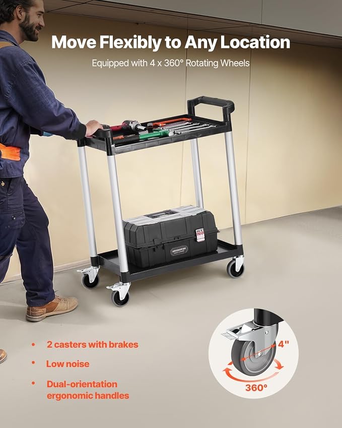 VEVOR Utility Cart, 300 lbs Load Capacity, 2-Tier Utility Plastic Cart - Image 2