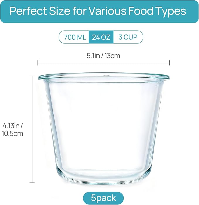 Vtopmart 5 Pack 3 Cup Glass Soup Container, Meal Prep Freezer Containers Set - Image 2