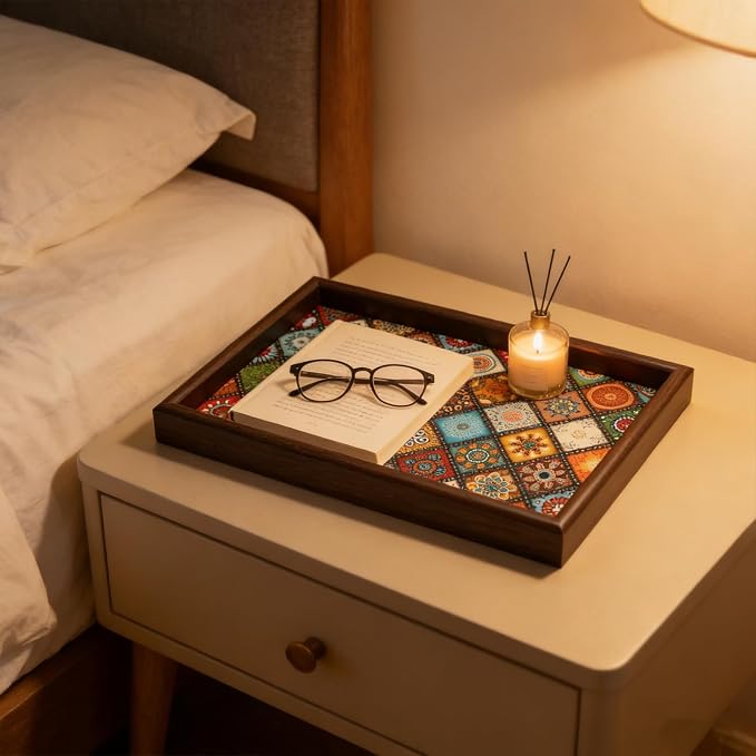 Wooden Valet Tray with Leather Base, EDC Catch All Tray Nightstand Entryway - Image 4