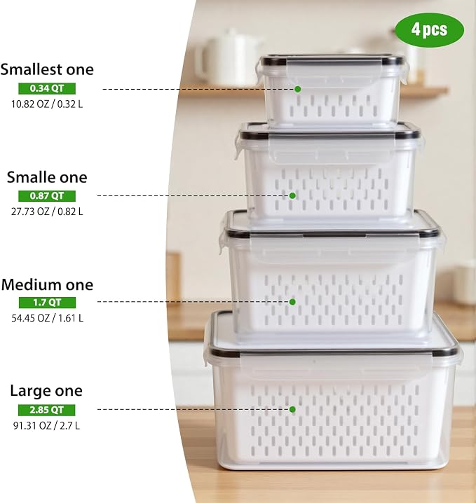 4 PCS Fruit Storage Containers for Fridge, Leakproof Produce Containers for - Image 2