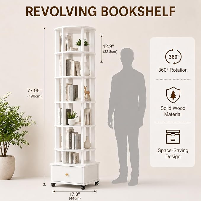 6 Tier Rotating Bookshelf with Drawer, 360° Round Spinning Bookshelf Tower with - Image 2