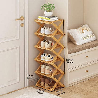 6 Tier Foldable Shoe Rack, Bamboo Vertical Shoe Organizer Tall - Image 2