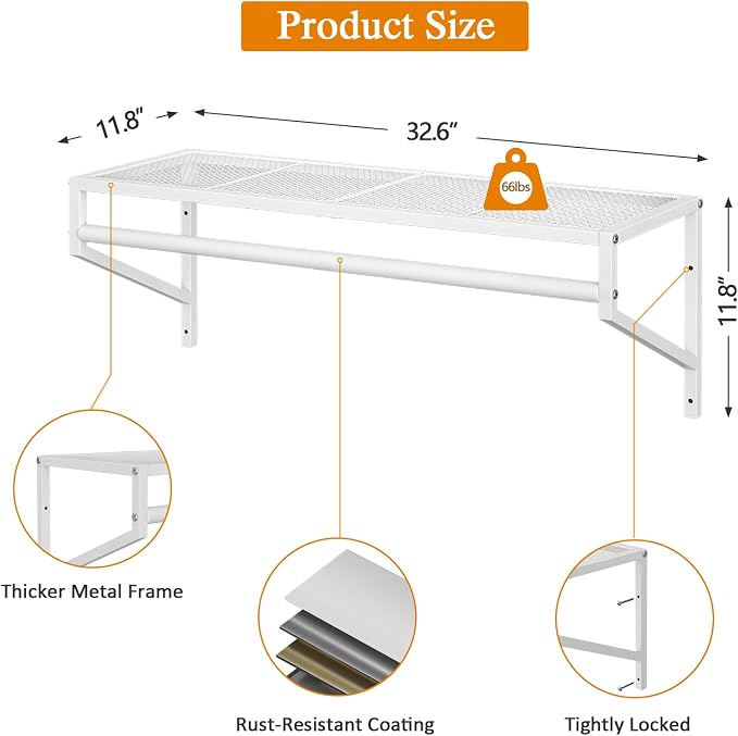 ThreeHio 3 Pack Closet Shelves Wall Mounted, 2.7 ft x 11.8in Wire Closet Shelf - Image 3