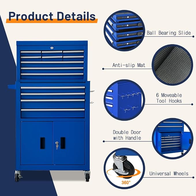13-Drawer Double Door Rolling Tool Chest, 2 in 1 Detachable Tool Chest - Image 5
