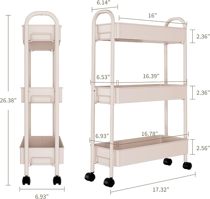Slim Rolling Cart, Metal Frame Utility Rolling 3-Tier Narrow Storage Cart | - Image 2