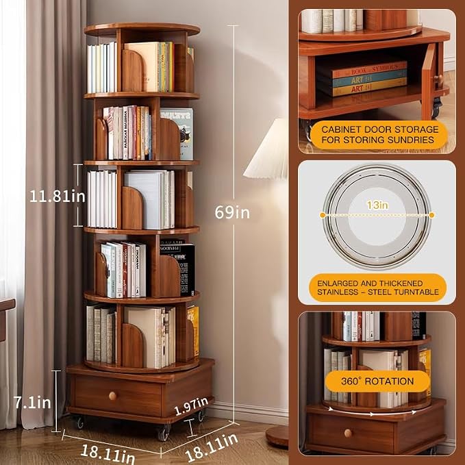 Rotating 360° Corner Bookshelf, 6-Tier Wood Bookcase - Image 7