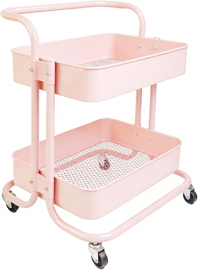 2 Tier Short Rolling Cart with Wheels All-Metal Pink Pantry Storage by Ufriandz