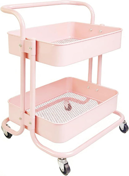 2 Tier Short Rolling Cart with Wheels All-Metal Pink Pantry Storage by Ufriandz