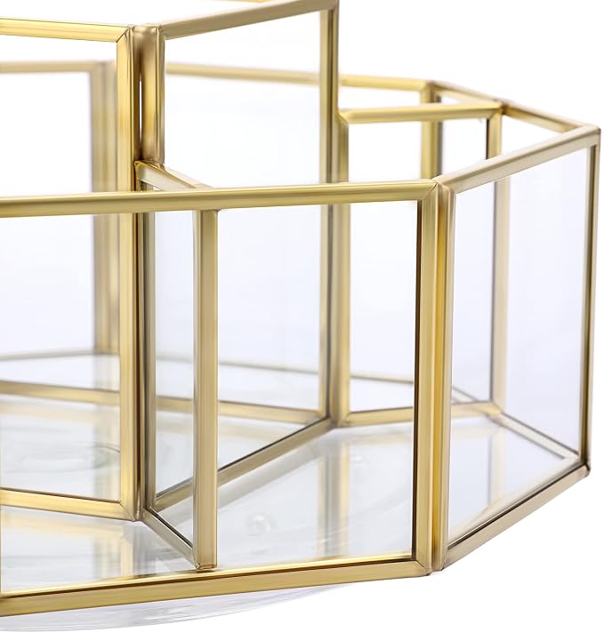 Hipiwe 360 Degree Rotating Glass Makeup Organizer- 5 Slots Gold Metal Cosmetic - Image 5