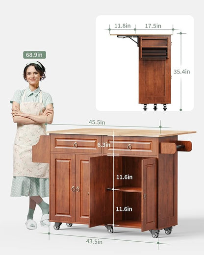 Kitchen Island with Drop Leaf and Storage, on Wheels Two Drawers, Large Storage - Image 2