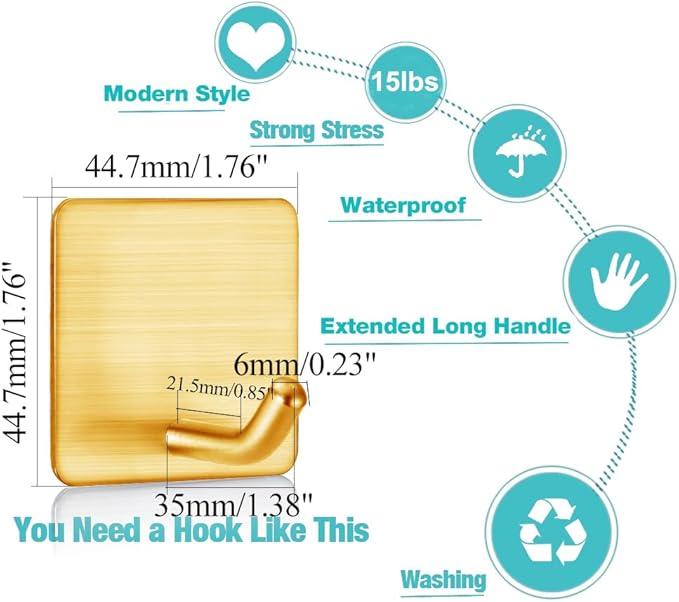 FOTYRIG Golden Stainless Steel Square Self Adhesive Hooks - Image 2