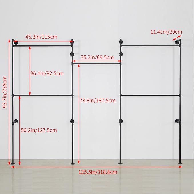 Industrial Pipe Clothes Rack, Heavy Duty Detachable Wall Mounted Black Iron - Image 3